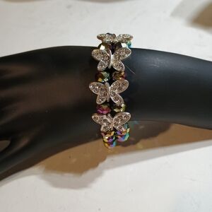 Silver Butterfly Crystal And Rainbow Colored Glass Beads Stretchy Bracelet